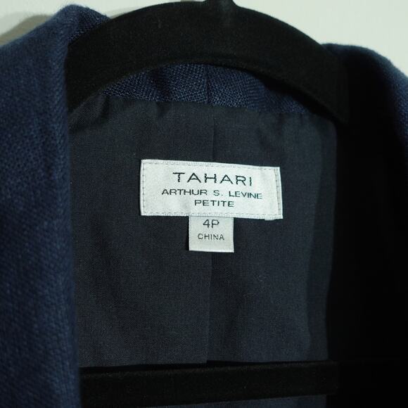 Tahari Womens 100% Linen Shawl Lapel Blazer Jacket Ruched Sleeve Navy Size 4P - Picture 2 of 9